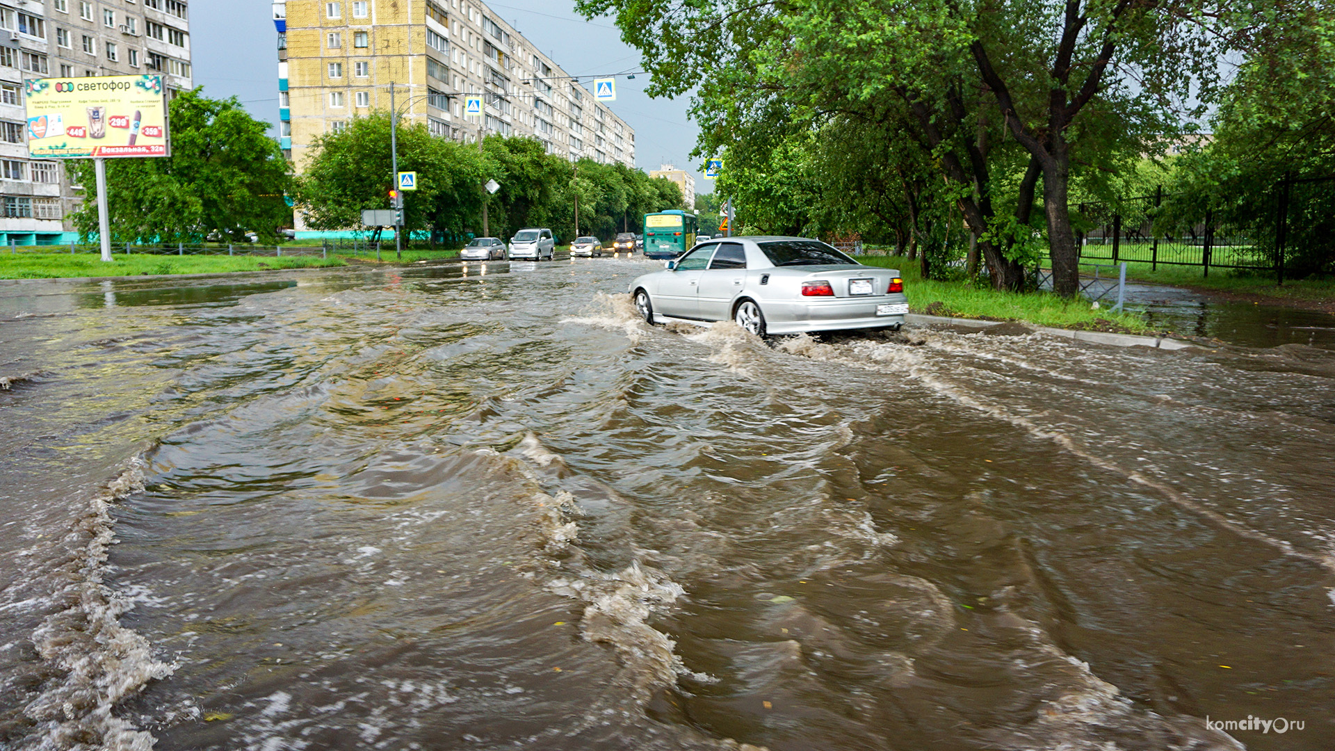 Циклон в городе: Улицы Комсомольска-на-Амуре традиционно подтопило, деревья повалило и провода пооборвало